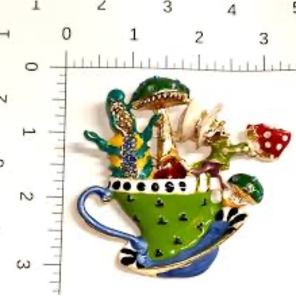 Whimsical Mad Hatter Tea Party Enamel Teacup Brooch - Picture 2 of 4